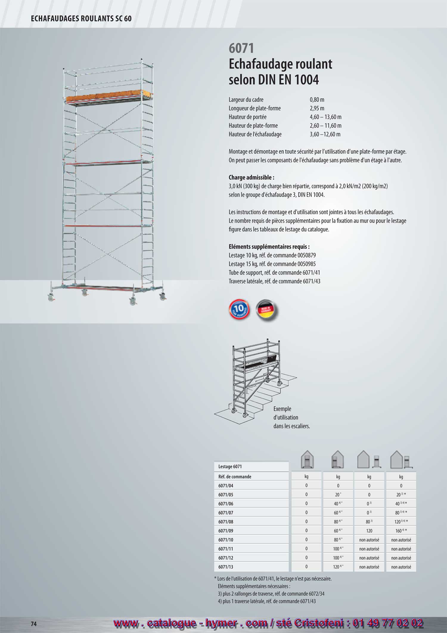 Échafaudage roulant selon la norme 
DIN EN 1004 
6371/6071 
Largeur du cadre 0,80 m 
Longueur de la plate-forme 2,95 m 
Hauteur de portée 3,40 – 13,40 m / 4,60 – 13,60 m 
Hauteur de la plate-forme 1,40 – 11,40 m / 2,60 – 11,60 m 
Hauteur de l‘échafaudage 2,40 – 12,40 m / 3,60 – 12,60 m 
Montage et démontage en toute sécurité par l’utilisation d’une plate-forme par étage. 
On peut passer les éléments de l’échafaudage sans problème d’un étage à l’autre. 
Charge admissible : 
Une charge répartie de 3,0 kN (300 kg) correspond à 2,0 kN/m2 (200 kg/m2) 
conformément au groupe d‘échafaudages 3, DIN EN 1004. 
Les instructions de montage et d’utilisation sont jointes à tous les échafaudages. Le nombre 
requis de pièces supplémentaires pour la fixation au mur ou pour le lestage figure dans les 
tableaux de lestage du catalogue. 
Éléments supplémentaires requis : 
Lest 10 kg, Réf. de commande 0050879 
Lest 15 kg, Réf. de commande 0050985 
Tube de support, Réf. de commande 6071/41 
Traverse latérale, Réf. de commande 6071/43 
Stabilisateur, Réf. de commande 6371/36 

6071 
* Pour les tubes de support 6071/41 le lestage n’est pas nécessaire. 
Éléments supplémentaires requis 
1) plus 2 tubes de support, Réf. de commande 6071/41 
3) plus 2 prolongements de traverses, Réf. de commande 6072/34 
4) plus 1 traverse latérale, Réf. de commande 6071/43 



Combinaisons de montage du modèle 6371 avec stabilisateurs / 

Largeur de la plate-forme 0,80 m 

/ Longueur de la plate-forme 2,95 m 